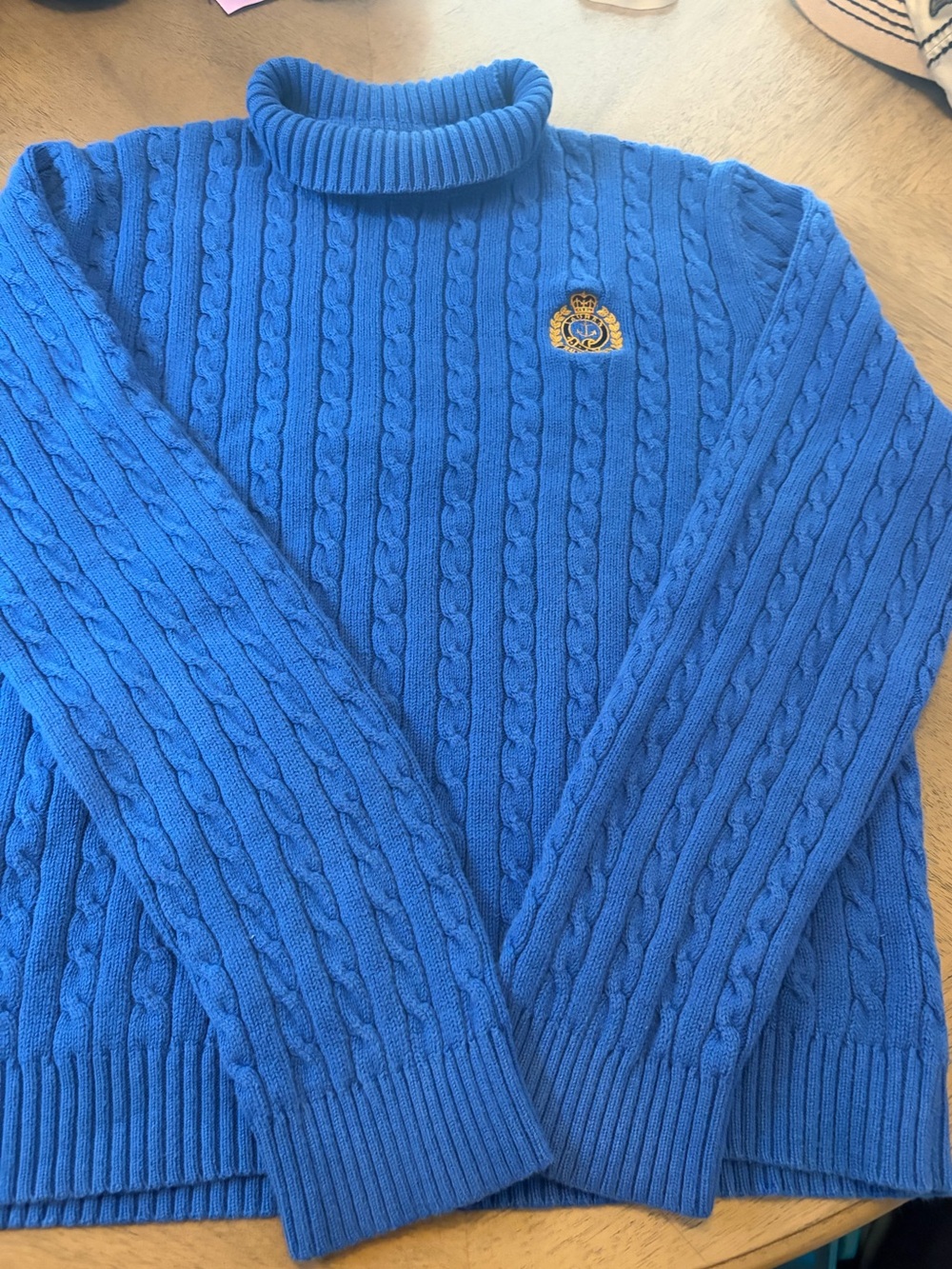 Lauren Ralph Lauren Royal Blue Cable Knit Turtleneck Sweater with Crest